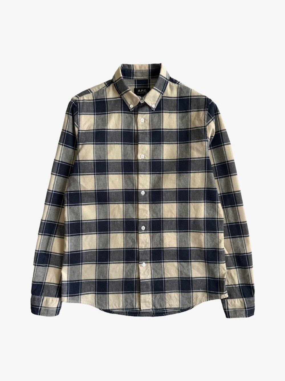 Cream/Navy Plaid Cotten Linen Blend Button-Up Shirt by A.P.C.